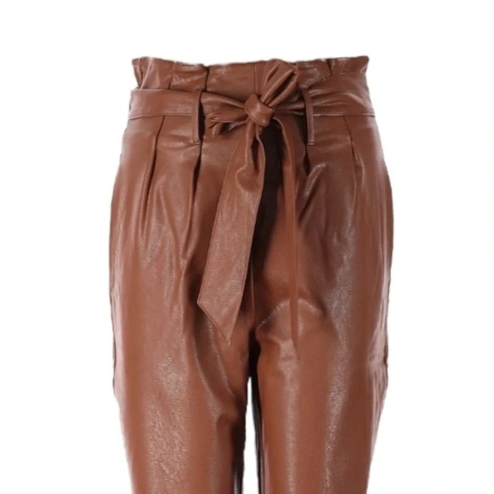 Commando Faux Leather Paperbag Waist Pants Brown Cocoa Tie Belt High Rise NWT S